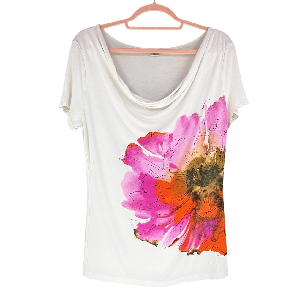 THREE DOTS Flower Graphic Print Cowl-Neck Short-Sleeve Tee Size L White/Pink